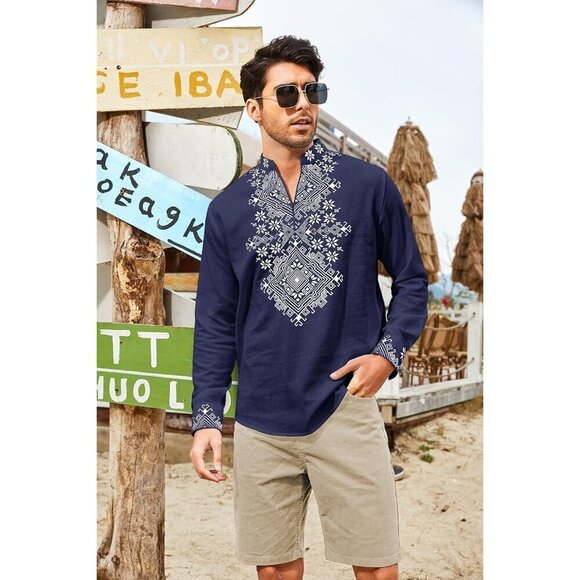 Men's Blue Shirt Long Sleeve Floral Print Casual Cotton Beach Hippie  T Shirt - Picture 2 of 9